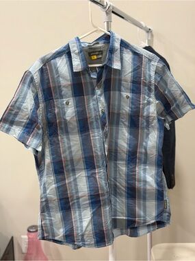 Eddie Bauer Blue and Light Blue Plaid Short-Sleeve Button-Down